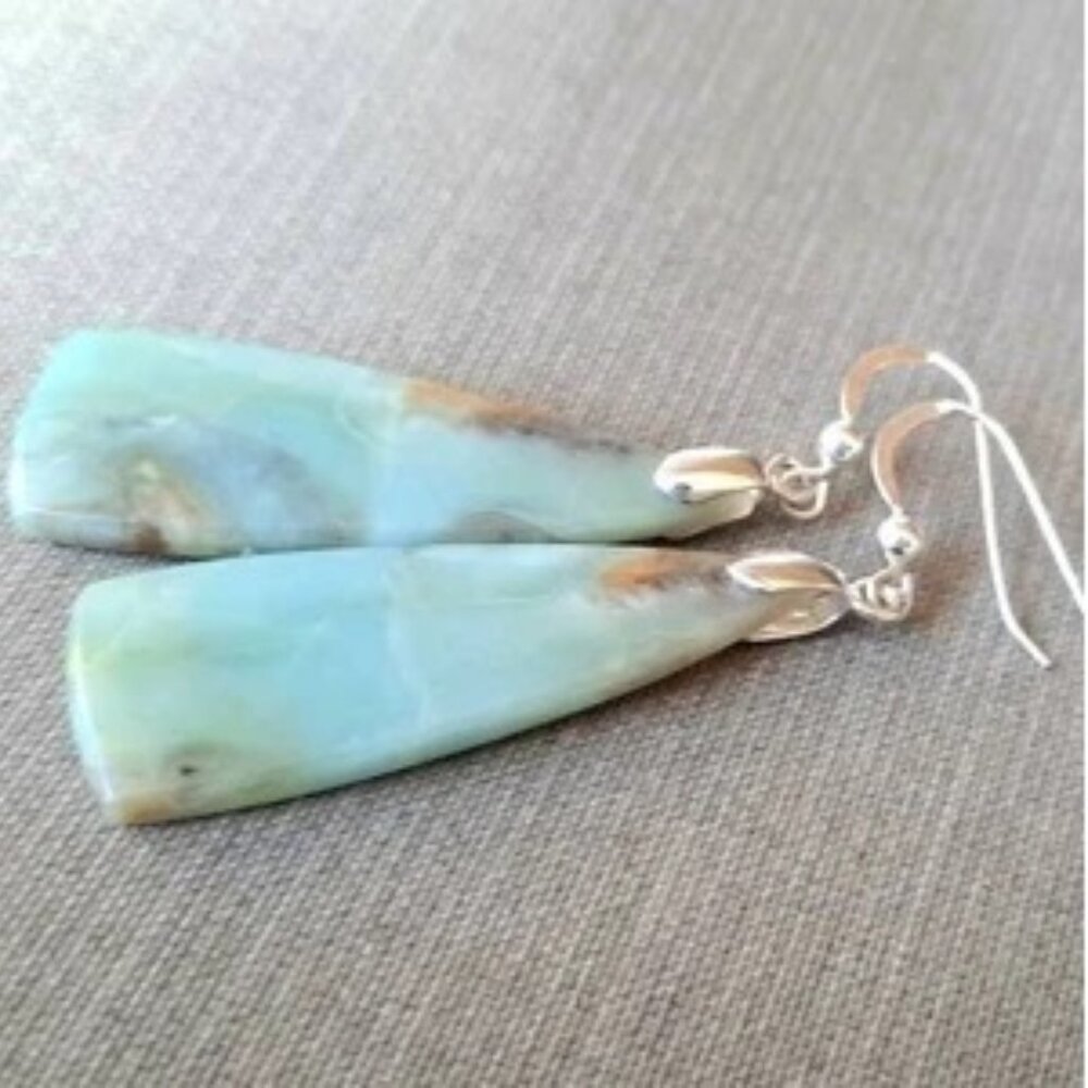 Amazonite Long Stone Dangle Silver Earrings